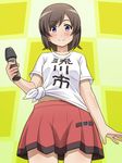  awa blue_eyes blush brown_hair futsuu_no_joshikousei_ga_locodol_yattemita microphone shirt short_hair skirt smile solo usami_nanako 