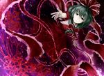  abstract_background bow dress dutch_angle flower front_ponytail green_hair grey_eyes hair_bow kagiyama_hina kz_nagomiya outstretched_arms outstretched_hand puffy_short_sleeves puffy_sleeves red_dress ribbon short_sleeves solo spider_lily touhou upper_body 