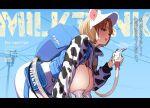  1girl :d absurdres animal_ears animal_print backpack bag blue_archive blue_sky bob_cut breast_pump breasts brown_hair cloud cloudy_sky commentary_request cow_ears cow_print day ear_tag fake_animal_ears feet_out_of_frame from_side highres large_breasts leaning_forward lips milking_machine ogre_(illustogre) open_mouth original outdoors pantyhose purple_eyes short_hair shrug_(clothing) sketch sky smile solo teeth translation_request upper_teeth_only white_pantyhose 
