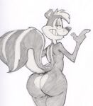 2023 4_fingers anthro big_butt black_body black_fur butt countershade_butt countershade_face countershading cyancoyote fingers fur head_tuft hi_res looking_at_viewer looking_back looney_tunes male mammal markings mephitid monochrome multicolored_body multicolored_fur narrowed_eyes pepe_le_pew rear_view simple_background sketch skunk smile solo standing striped_body striped_fur striped_markings striped_skunk striped_tail stripes tail tail_markings teeth thick_thighs traditional_media_(artwork) tuft warner_brothers white_background white_body white_fur wide_hips