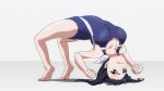  1girl animated animated_gif ass black_hair blue_eyes breasts collarbone competition_swimsuit feet full_body hair_ribbon kaminashi_nozomi keijo!!!!!!!! long_hair non-web_source one-piece_swimsuit ponytail ribbon rotational_symmetry solo stretching swimsuit teeth upside-down 
