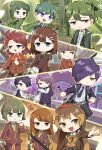  2boys 2girls 6+others ahoge blue_eyes brown_cardigan brown_hair cardigan closed_mouth coat folded_ponytail green_coat hair_ornament hair_over_one_eye hairclip highres hod_(project_moon) jacket librarian_(project_moon) library_of_ruina long_hair long_sleeves malkuth_(project_moon) medium_hair multicolored_hair multiple_boys multiple_girls multiple_others neckerchief netzach_(project_moon) open_mouth orange_neckerchief ponsuke_(nemui_tebasaki) project_moon purple_vest red_jacket shirt smile streaked_hair vest white_shirt yesod_(project_moon) 