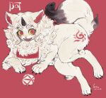  1boy artist_name ball black_horns body_fur claws colored_sclera commentary_request facial_mark full_body furry furry_male horns komainu komainu_boy komainu_ears komainu_tail looking_at_viewer male_focus mane open_mouth original red_background red_eyes sasamichr sharp_teeth simple_background single_horn slit_pupils solo teeth temari_ball thick_eyebrows white_fur yellow_sclera 