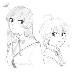  2girls ahoge blush closed_mouth commentary_request greyscale highres koito_yuu long_hair looking_at_another monochrome multiple_girls nanami_touko neck_ribbon ribbon school_uniform shiratama_draw short_hair short_twintails smile squiggle tohmi_higashi_high_school_uniform twintails upper_body yagate_kimi_ni_naru 