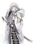  black_gloves chain choker commentary_request gloves holding holding_sword holding_weapon izumi_(nagashi) sword touken_ranbu tsurumaru_kuninaga weapon white_hair yellow_eyes 