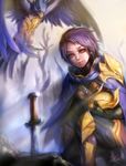  armor bird cape commentary feathers forehead_protector highres league_of_legends phantom_ix_row quinn short_hair sword valor_(league_of_legends) weapon yellow_eyes 