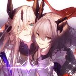  2girls arknights black_dress black_shirt blue_eyes collared_shirt dragon_horns dress eblana_(arknights) eyelashes glitter grey_eyes grey_hair hair_between_eyes hand_on_another&#039;s_chin horns jacket light_in_heart long_hair long_sleeves looking_at_viewer medium_hair mozi9180 multiple_girls orange_armband purple_armband purple_light reunion_logo_(arknights) shirt simple_background slit_pupils smile talulah_(arknights) very_long_hair white_hair white_jacket yuri 