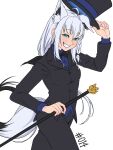  1girl animal_ears black_bow black_bowtie blue_eyes blush bow bowtie breasts cane hair_between_eyes hat highres hololive jewelry long_hair long_sleeves looking_at_viewer mefomefo open_mouth ring shirt short_hair simple_background smile solo tail top_hat traditional_bowtie white_hair wrist_cuffs 