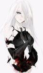  1girl a2_(nier:automata) black_dress black_gloves blood blood_on_arm blood_on_face breasts closed_mouth commentary dress expressionless gloves grey_background grey_eyes hair_between_eyes hair_over_one_eye highres lips long_bangs long_hair looking_at_viewer medium_breasts nier:automata nier_(series) simple_background sleeveless sleeveless_dress solo tugmix upper_body white_hair 