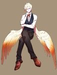  1boy angel angel_wings bishounen black_vest blonde_hair bolo_tie brown_background brown_footwear brown_pants brown_wings closed_mouth collared_shirt collared_vest commentary_request crossed_legs feathered_wings full_body gem gensoudanshi hand_up highres long_sleeves looking_at_viewer low_wings male_focus orange_wings original pants pink_eyes red_gemstone shirt short_hair simple_background smile solo striped_clothes striped_pants vest white_shirt wings 