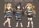  3girls :o alternate_costume bandaid bandaid_on_cheek bandaid_on_face barefoot baseball_bat black_bow black_hair black_skirt blonde_hair blue_eyes blunt_bangs blush bow bow_hairband broken broken_chain brown_background chain character_name claw_hammer collar cowlick cuffs full_body grin hair_bow hairband hammer hand_up highres holding holding_baseball_bat holding_behind_back holding_hammer holding_industrial_pipe idolmaster idolmaster_cinderella_girls industrial_pipe jougasaki_rika knee_pads lineup long_hair long_sleeves looking_at_viewer mary_cochran matoba_risa midriff miniskirt multiple_girls multiple_hair_bows nail nail_bat over_shoulder pants prison_clothes shackles shirt simple_background skirt smile spawnfoxy striped_bow striped_clothes striped_pants striped_shirt tied_shirt tongue tongue_out torn_clothes torn_pants torn_shirt twintails two_side_up v-shaped_eyebrows weapon weapon_over_shoulder yellow_eyes 