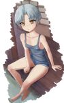  1girl barefoot blue_shorts blush breasts carbon12th collarbone denim denim_shorts grey_hair grey_tank_top looking_at_viewer original parted_bangs short_hair short_shorts shorts sitting small_breasts solo tank_top yellow_eyes 