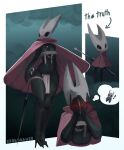 absurd_res ambiguous_gender anthro arthropod black_body black_eyes blush bottomwear breasts chest_wraps cloak clothing covering covering_face ebbedrawin embarrassed female hi_res hollow_knight hornet_(hollow_knight) insect loincloth non-mammal_breasts sewing_needle solo team_cherry the_knight_(hollow_knight) weapon wraps