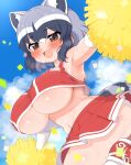  1girl animal_ears armpits bare_shoulders black_hair blush breasts brown_eyes cheering cheerleader common_raccoon_(kemono_friends) crop_top crop_top_overhang grey_hair highres holding holding_pom_poms huge_breasts kemono_friends looking_at_viewer midriff miniskirt navel open_mouth pleated_skirt pom_pom_(cheerleading) raccoon_ears raccoon_tail ransusan shoes short_hair skirt smile sneakers solo tail underboob white_hair 