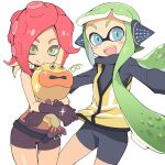  2girls :d agent_3_(splatoon) amatta_page animal belt black_belt black_shirt blue_eyes blush_stickers brown_gloves brown_shorts closed_mouth commentary_request cowboy_shot fangs fish gloves green_eyes green_hair headphones high-visibility_vest holding holding_animal holding_fish inkling_girl inkling_player_character long_hair long_sleeves looking_at_viewer midriff multiple_girls navel open_mouth outstretched_arms red_hair red_pupils shirt shorts simple_background smile sparkle splatoon_(series) suction_cups takozonesu tentacle_hair thigh_gap twintails very_long_hair white_background zapfish 