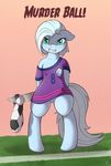  blood blue_fur clothing drooling english_text equine female football fur hair horse knife looking_at_viewer mammal my_little_pony plain_background pony ratofdrawn saliva solo standing text tracycage_(character) 