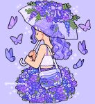  1girl bag bare_shoulders bow bug butterfly closed_eyes crop_top emily_kim flower flower_clothes flower_skirt highres liquid monochrome original purple_background purple_bag purple_bow purple_butterfly purple_flower purple_hair purple_shirt purple_skirt purple_theme shirt shoulder_bag simple_background skirt spaghetti_strap sparkle tank_top transparent transparent_umbrella twitter_username umbrella wavy_hair wisteria 