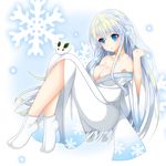  ayakashi_hyakkiyakou blue_eyes blue_hair breasts bunny cleavage crossed_legs gradient_clothes hasu_(velicia) highres japanese_clothes kimono long_hair makeup medium_breasts obi off_shoulder original parted_lips sash sitting snow snowflakes solo tabi veil wide_sleeves yuki_onna 