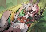  2girls animal_ears armor belt blush breasts closed_eyes dark-skinned_female dark_skin dress elbow_gloves final_fantasy final_fantasy_tactics_advance forest gauntlets gloves grass hair_ornament hairpin hammock laughing leaf long_hair medium_breasts multiple_girls nakade1 nature plant purple_hair rabbit_ears ritz_malheur shara shoulder_armor single_gauntlet skirt sleeping thighhighs thighs tree viera white_hair yuri 