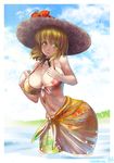  aki_minoriko bikini blonde_hair blush breasts cleavage front-tie_top hat highres large_breasts navel open_mouth sarong short_hair smile solo swimsuit touhou umigarasu_(kitsune1963) wading water 