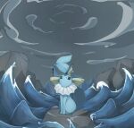  all_fours black_sclera blue_eyes blue_fur blue_tail body_fur colored_sclera fins full_body head_fins highres ktbr_2 looking_up outdoors pokemon pokemon_(creature) rock sky solo twitter_username vaporeon water waves 