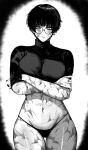  absurdres burn_scar crossed_arms glasses highres jujutsu_kaisen masoq midriff monochrome multiple_scars nail_polish navel no_pants panties scar short_hair thong turtleneck underwear vignetting zen&#039;in_maki 