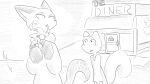 animal_crossing anthro cigarette clothed clothing dialogue_in_description diner domestic_cat dragonweirdo duo felid feline felis female fur greyscale hi_res hoodie lighter male mammal markings marshal_(animal_crossing) mole_(marking) monochrome nervous_sweat nintendo olivia_(animal_crossing) outside restaurant rodent sciurid smoking tail topwear tree_squirrel