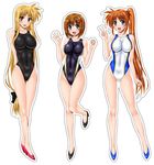  adapted_costume blonde_hair blue_eyes brown_hair competition_swimsuit fate_testarossa hair_ornament high_heels long_hair looking_at_viewer low-tied_long_hair lyrical_nanoha mahou_shoujo_lyrical_nanoha_strikers multiple_girls one-piece_swimsuit purple_eyes red_eyes red_hair sen_(sansui) side_ponytail swimsuit takamachi_nanoha v very_long_hair x_hair_ornament yagami_hayate 