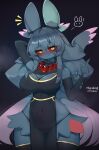  absurd_res ancient_pokemon anthro biped blush breasts cleavage clothed clothing flutter_mane generation_9_pokemon hi_res mmbct01 navel_outline nintendo paradox_pokemon pokemon pokemon_(species) red_sclera yellow_eyes 