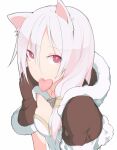  1girl animal_ears blush breasts brown_capelet candy_heart capelet cat_ears cat_girl commentary_request dress food_in_mouth fur-trimmed_capelet fur_trim hair_between_eyes high_wizard_(ragnarok_online) long_bangs looking_at_viewer pink_eyes pink_hair ragnarok_online short_hair simple_background small_breasts solo tugmix upper_body white_background white_dress 