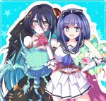  2girls :d :o aqua_hair ascot belt black_bow black_dress black_hair black_hairband black_ribbon black_sailor_collar blue_ascot blue_background blue_eyes blush bow bow_hairband breasts brown_belt collarbone colored_inner_hair commentary detached_sleeves doll dress elbow_gloves flying_sweatdrops gloves green_eyes grey_sleeves hair_between_eyes hair_ornament hair_ribbon hairband hairclip hand_up highres holding holding_doll horns large_breasts long_hair long_hair_between_eyes looking_at_another looking_at_viewer medium_hair miniskirt misora_(princess_connect!) multicolored_hair multiple_girls open_mouth pleated_skirt princess_connect! purple_hair ranpha_(princess_connect!) red_gloves red_horns ribbon sailor_collar sailor_shirt shirt single_horn skirt skirt_set smile starry_background striped_bow two-tone_hair underbust very_long_hair white_gloves white_shirt white_skirt yamada_(hvcij) 