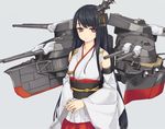  bare_shoulders black_hair cannon detached_sleeves fusou_(kantai_collection) hair_ornament japanese_clothes jpeg_artifacts kantai_collection long_hair red_eyes rokuwata_tomoe simple_background solo turret 