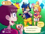 animal_crossing ankha_(animal_crossing) anthro big_breasts big_butt blue_eyes blue_hair breasts butt canid canine canis clothed clothing dialogue digital_media_(artwork) domestic_cat domestic_dog english_text face_mask felid feline felis female food fruit fur fur_trim_(clothing) gonzalo_costa group hair human isabelle_(animal_crossing) looking_back male mammal mask nintendo open_mouth panteon013 peach_(fruit) plant shih_tzu smile tail text third-party_edit topwear toy_dog translated trio villager_(animal_crossing) white_body white_fur yellow_body yellow_fur
