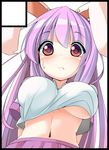  alternate_costume animal_ears arms_behind_back blush breasts bunny_ears crop_top crop_top_overhang from_below highres large_breasts long_hair looking_at_viewer midriff miton_(turuyasann) navel no_bra pleated_skirt purple_hair red_eyes reisen_udongein_inaba shirt shirt_lift short_sleeves simple_background skirt solo sweatdrop touhou underboob white_shirt 