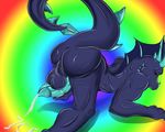  balls blue_dragon butt cum cumshot cyan_penis dragon erection fins horn male masturbation orgasm penis plain_background rainbow_background red_eyes silver_shadowheart solo 