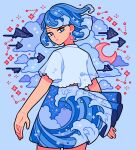  1girl blue_background blue_clouds blue_eyes blue_hair blue_shirt blue_skirt cloud constellation constellation_print cowboy_shot crescent_moon crop_top emily_kim highres liquid_hair looking_back moon original pleated_skirt shirt short_sleeves simple_background skirt sparkle twitter_username wave_print 