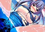  blue_hair blush breasts dutch_angle fat_mons i-19_(kantai_collection) kantai_collection kiki_(koikuchikinako) large_breasts partially_submerged partially_underwater_shot purple_eyes school_swimsuit solo spread_legs swimsuit tears torn_clothes torn_swimsuit twintails underboob water 