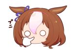  1girl animal_ears blush_stickers brown_hair chibi gomashio_(goma_feet) hair_between_eyes hairband hand_cursor head_only horse_ears meisho_doto_(umamusume) multicolored_hair o_o pink_hairband simple_background solo translation_request two-tone_hair umamusume white_background white_hair 