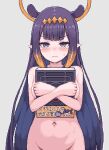  1girl bare_shoulders black_hair blue_eyes blush book completely_nude halo holding holding_book hololive hololive_english long_hair looking_at_viewer navel ninomae_ina&#039;nis nude pixel_art pointy_ears simple_background solo sweat tentacle_hair very_long_hair virtual_youtuber wavy_mouth zou_eita 