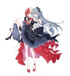  2girls absurdres arm_around_neck bare_shoulders black_dress black_footwear breasts carrying commentary dress frilled_dress frills fu_hua fu_hua_(herrscher_of_sentience) grey_hair hair_between_eyes high_heels highres honkai_(series) honkai_impact_3rd long_hair multicolored_hair multiple_girls open_mouth princess_carry red_dress red_eyes red_footwear red_hair shoes simple_background small_breasts streaked_hair two-tone_hair very_long_hair white_background white_hair yuhuria_52 