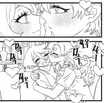  2girls closed_eyes closed_mouth commentary_request couch eye_contact greyscale gundam gundam_suisei_no_majo hug kiss kissing_cheek korean_commentary long_hair looking_at_another miorine_rembran monochrome multiple_girls nyong-choi on_couch open_mouth shirt short_sleeves smile suletta_mercury thick_eyebrows vase yuri 