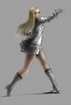  arm_behind_back blonde_hair blue_eyes boots dress fighting_stance fingerless_gloves frilled_dress frills gloves grey_background jwabonjooi lili_(tekken) long_hair solo tekken white_dress 