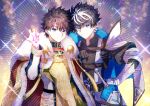  2boys aiguillette arm_at_side artist_name belt black_belt black_gloves black_hair black_shirt blue_cape blue_eyes blue_shirt cape charlemagne_(fate) cloak closed_mouth command_spell cowboy_shot dated fate/grand_order fate_(series) fujimaru_ritsuka_(male) fujimaru_ritsuka_(male)_(imperial_robe) fur-trimmed_cloak fur_trim gauntlets gloves gold_trim grin hair_between_eyes hand_on_own_hip hand_up highres jewelry long_sleeves looking_at_viewer male_focus multicolored_hair multiple_boys multiple_rings puffy_long_sleeves puffy_sleeves red_cloak renia_(xxx_wg_869) ring sheath sheathed shirt short_hair single_gauntlet smile sparkle striped_sleeves sword tassel twitter_username two-sided_cape two-sided_fabric two-tone_hair two-tone_shirt weapon white_cape white_hair white_shirt 