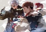  2boys black_scarf blue_eyes brown_coat brown_hair character_print coat commentary_request gloves gojou_satoru grey_background grin highres holding holding_snowball itadori_yuuji jujutsu_kaisen light_blush long_sleeves male_focus multiple_boys red_gloves ru_to_bi scarf smile snowball sunglasses teeth undercut upper_body white_hair winter 