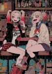  2girls bar_(place) batman_(series) blonde_hair commentary_request crossover dc_comics harlequin harley_quinn jester_costume maai_01 makeup multiple_girls open_mouth pink_hair plaid plaid_skirt school_uniform sitting skirt smile suicide_squad teeth toga_himiko twintails 