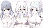  3girls black_legwear blush breasts cum cum_on_body cum_on_breasts cum_on_upper_body double_bun from_above gloves hair_ornament hair_over_one_eye hairclip hamakaze_(kantai_collection) hat hetero inverted_nipples jpeg_artifacts kantai_collection kneeling large_breasts male_pubic_hair multiple_girls muted_color nipples nose_blush open_clothes open_mouth open_shirt paizuri pantyhose penis perpendicular_paizuri pleated_skirt pov pubic_hair shirt shirt_lift skirt tears uni8 urakaze_(kantai_collection) ushio_(kantai_collection) 