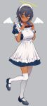  1girl absurdres agame_(agamemega) blue_hair blush box commentary_request dark-skinned_female dark_skin detached_sleeves grey_background halo highres holding holding_box light_smile maid maid_headdress multicolored_hair original shoes short_hair short_sleeves simple_background skirt solo streaked_hair thighhighs yellow_eyes 