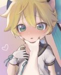  1boy 1other aged_down animal_ears blonde_hair blue_eyes blush cat_ears child commentary_request disembodied_hand faceless heart highres kagamine_len male_focus meme pov_cheek_grabbing_(meme) sailor_collar school_uniform serafuku solo_focus urin_(coconuts3252) vocaloid 