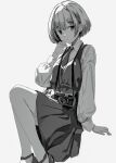  1girl absurdres arm_support bob_cut camera camera_around_neck dress greyscale hand_up highres looking_at_viewer monochrome necktie original pinafore_dress school_uniform shimkarom short_hair simple_background sitting sketch sleeveless sleeveless_dress solo 