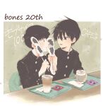  2boys black_eyes black_hair brothers cup disposable_cup gakuran highres kageyama_ritsu kageyama_shigeo long_sleeves maa_ohg mob_psycho_100 multiple_boys open_mouth school_uniform short_hair siblings table 